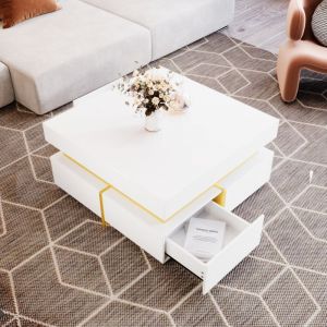 Modernluxe - Table basse avec 2 tiroirs - aspect brillant et garniture dorée - B