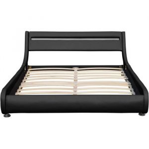 Lit ava pour matelas 140x200 - Sommier + T&ecirc;te de Lit eclairage led Incurve Couleur noir + Pieds en 5 cm pour matelas - 2 x 13 Lattes - revetement pvc