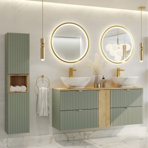 Ensemble meuble double vasque 140cm 4 tiroirs miroirs LED et colonne Jade Vert et Bois