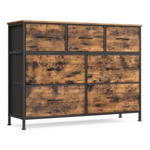 SONGMICS Commode 7 Tiroirs Meuble de Rangement pour Chambre Acier Panneau MDF Tissu Non-tissé Marron Rustique et Noir dencre