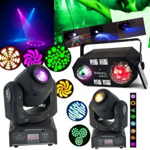 Party Pack 3 Jeux de lumière - 2 Lyres -SPOT DMX Gobos 10W - 1 Jeu de Lumière 4en1 Astro Strobo Lumière noire UV Chute d'eau