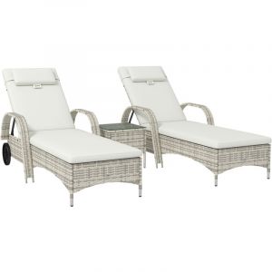 Outsunny Lot de 2 bains de soleil inclinables tout confort avec table d'appoint r&eacute;sine tress&eacute;e cr&egrave;me