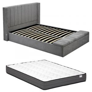 Lit coffre 180 x 200 cm avec banc - Tissu - Gris + Matelas - douino