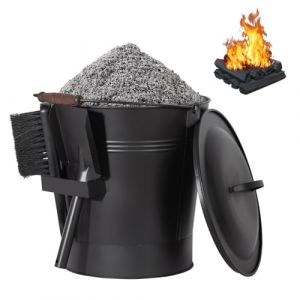 Todeco Seau à Cendres avec Couvercle, Pelle et Brosse, Seau à charbon en métal 24 Litres avec Anse pour Cheminée, Poêle à Bois, Barbecue