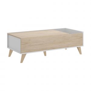Table basse Dburs, Porte-revues de salon avec compartiment de rangement, Table basse, 99x60h41 cm, Chêne et Blanc - Dmora