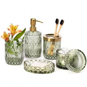 EMPO 6pcs Accessoires de Salle de Bain en Verre Transparent (Distributeur de Savon, Porte-Savon, Porte-Brosse à Dents, Gobelet, Pot à Cotons-Tige), Décoration Moderne Cristal Vintage (Vert)
