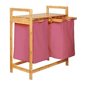 Lumaland Panier à linge en bambou avec 2 sacs à linge extensibles | Taille environ 73 cm de hauteur x 64 cm de largeur x 33 cm de profondeur, Couleur : Rose