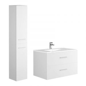 Vente-unique - Meuble de salle de bain suspendu simple vasque avec colonne de rangement - Coloris blanc - 80 cm - kayla