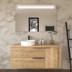 Meuble de salle de bain avec vasque à poser ronde - roble (chêne clair) - king et miroir Led stam - 120cm