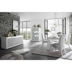OTELLO - Ensemble S&eacute;jour avec Buffet 4 Portes Finition Blanc Laqu&eacute; et Aspect B&eacute;ton