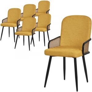 ML-Design Lot de 6 Chaises de Salle &agrave; Manger en Tissu Moutarde, Accoudoirs en Rotin et Pieds en M&eacute;tal Noir, Assise Rembourr&eacute;e Confortable, Fauteuils