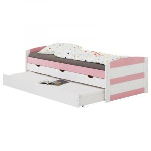 Image de Idimex Lit gigogne JESSY lit enfant fonctionnel avec tiroir-lit et rangements 3 tiroirs, couchage 90 x 200 cm, pin massif lasuré blanc/rose