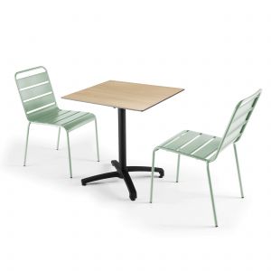 Oviala Ensemble table de jardin stratifi&eacute; chene naturel 2 chaises vert sauge