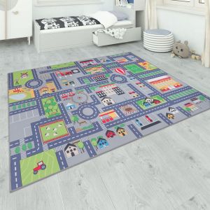 Tapis De Jeu Chambre Enfant Gris Routes Filles Garçons 200 cm carré, Gris 2 - Paco Home