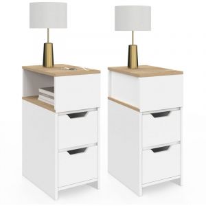 Idmarket Lot de 2 tables de chevet anouk 2 tiroirs avec niche latérale réversible blanc et bois