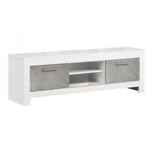 DENAE - Meuble TV 2 Portes L160cm Laqu&eacute; Blanc Brillant et Gris Marbr&eacute;