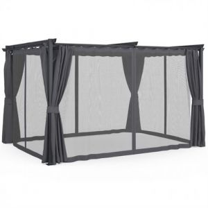 Image de Idmarket Pergola moustiquaire toit r&eacute;tractable 3x4M et 4 rideaux gris