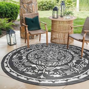 EVOCAMP Tapis d'ext&eacute;rieur rond &Oslash; 240 cm - En plastique - R&eacute;sistant aux intemp&eacute;ries et l&eacute;ger - Couverture de pique-nique pour l'ext&eacute;rieur - Tapis d'auvent en fibres plastiques - Pour terrasse et balcon