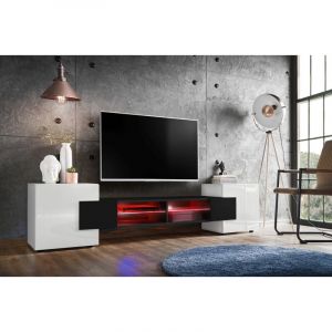 Komodee - Meuble Banc tv Merano, White/Black/White, Éclairage led Multicolore, Largeur 230 cm x Hauteur 52,5 cm x Profondeur 35 cm, sans led, pour