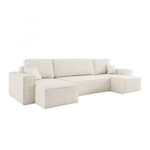Loungitude Canapé d'angle panoramique convertible 6 places tissu bouclette blanc