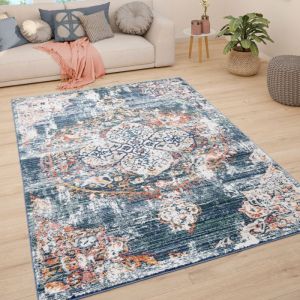 Paco Home Tapis De Salon Poils Ras Tapis Vintage Motif Oriental Moderne Pastel Bleu 200 cm rond Bleu
