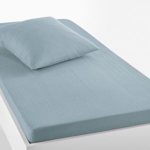 Drap housse enfant uni gaze de coton, K la Bleu/Gris Taille 90x190 cm