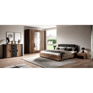Chambre à coucher complète fox : Lit coffre 180x200, Armoire, commode et chevets. Couleur chêne foncé et noir - Marron - Bois