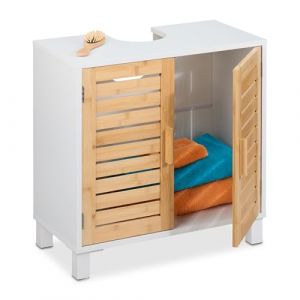 Relaxdays Meuble sous-lavabo avec 2 Portes, HxLxP : 60x60x32 cm, Bambou & MDF, Rangement Salle de Bain, Blanc - Nature