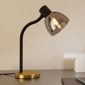 Eglo Lampe de table Macere, luminaire à poser pour chambre à coucher, lampe de bureau en métal noir et or, verre fumé, lampe de chevet avec douille E14