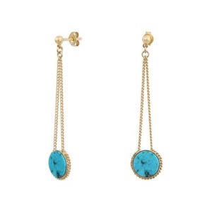 Boucles d'oreilles longues dorées à l'or fin turquoise LADY