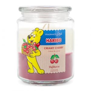 Haribo Bougie parfum&eacute;e dans un bocal | Cerise cr&eacute;meuse 510g | Bougie parfum&eacute;e fruit&eacute;e-sucr&eacute; | 100h de dur&eacute;e de combustion | 2 m&egrave;ches | Id&eacute;e cadeau pour femmes | Bougie &agrave; 2 couches