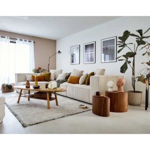 Canap&eacute; modulable 4 places angle gauche en velours c&ocirc;tel&eacute; beige