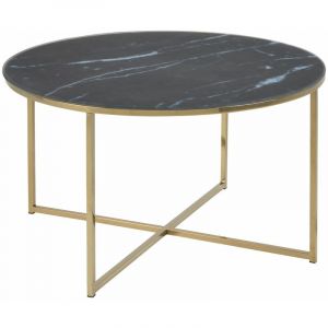 Table basse Alysé ronde en verre effet marbre - Diamètre 80 cm x hauteur 45 cm. - Noir