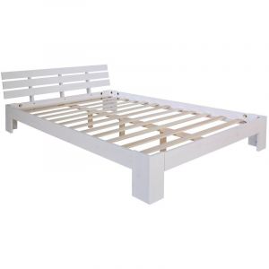 Image de Décoshop26 Lit double 2 personnes avec sommier à lattes en bois blanc 160x 200cm LIT06160