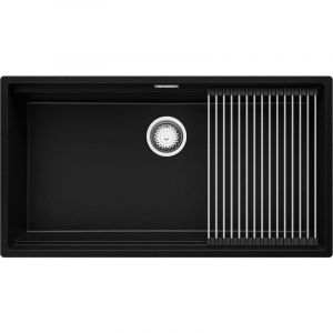 Evier Cuisine en Granit 86x47 cm Lavabo 1 bac + Siphon Classique + égouttoir enroulable, Évier à Encastrer de Primagran Noir - black