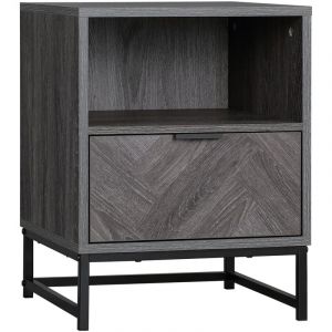 Homcom Chevet - table de nuit - tiroir coulissant, niche - piètement métal aspect bois gris 40x40x52cm Gris