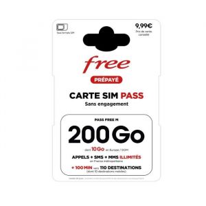 Carte SIM prépayée - Free - 200 Go - Appels/SMS/MMS illimités - 100 min internationales - Sans engagement