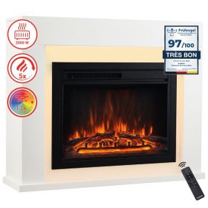 KAMINIO Chemin&eacute;e &eacute;lectrique MATTI-Chemin&eacute;e sur pied avec chauffage, effet de flamme 3D, &eacute;clairage LED Ambilight, t&eacute;l&eacute;commande-Blanc