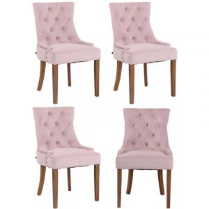 CLP Lot de 4 Chaises de salle à manger Aberdeen en Velours Piètement en bois d'hévéa, Rose-Antique clair