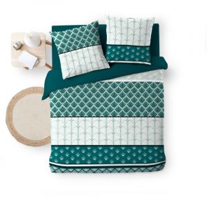 Douceur D'intérieur - Housse couette + 2 taies polycoton 220 x 240 cm Strie emeraude