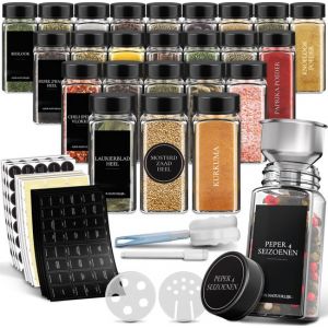 Soothe 24 pots &agrave; &eacute;pices en verre carr&eacute;s avec couvercle noir - 2 types de couvercles &agrave; saupoudrer - Spice Spreader - Pots &agrave; &eacute;pices - Set complet avec stickers &agrave; &eacute;pices, stick &agrave; craie et accessoires - 120ml