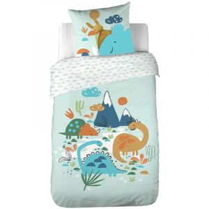 Sweeek - Parure de lit coton réversible vert d'eau imprimé dinosaures 1 place 140 x 200cm - Dino