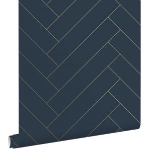 Estahome - papier peint chevron bleu fonc&eacute; et or