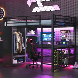 Lit mezzanine 140x200cm - Avec LED - Avec bureau et armoire ouverte - M&eacute;tal - Noir(sans matelas)