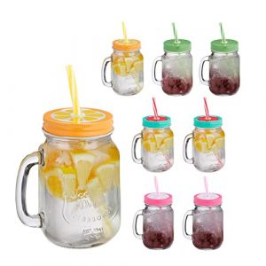 Relaxdays Verre à cocktails avec couvercle et paille incluse, Lot de 8, 500 ml, avec poignée, motif fruit, multicolore