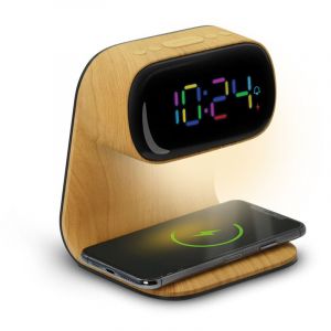 Metronic Mooov Réveil Affichage Multicouleur Liseuse avec Chargeur Induction 15W - Alimenattion Secteur- Effet Bois