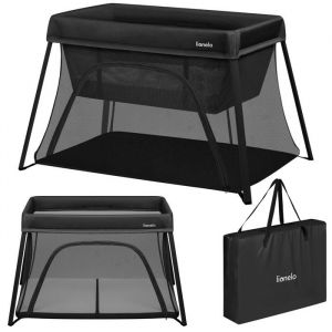 Lionelo Lit de Voyage Bébé Parc Enfant 3en1 Alice de 0 à 15 kg Matelas en Mousse, 2 Niveaux de Hauteur, Pliable, Petit, Léger, Entrée Latérale, Sac de Voyage (Black)