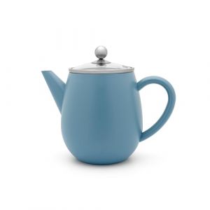 Bredemeijer Théière à double paroi de 1,1 l - Bleu - En acier inoxydable - Isolante - Avec couvercle en verre et filtre à thé - Pour thé en vrac