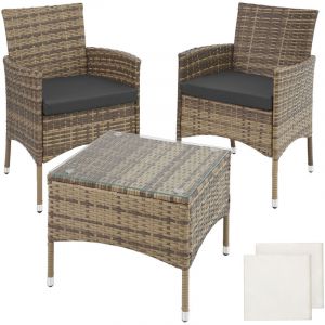 Image de TecTake Salon de jardin LUCERNE 2 places avec 2 sets de housses - mobilier de jardin, meuble de jardin, ensemble table et chaises de jardin - marron naturel