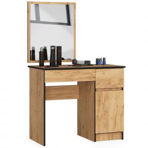 Table de coiffeuse AKORD droite avec miroir 500x600 Ch&ecirc;ne Craft 90 cm 1 porte 2 tiroirs fa&ccedil;ade Ch&ecirc;ne Craft 2 &eacute;tag&egrave;res 90x50x142 cm